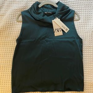 Zara Satin teal dark green cowl neck blouse